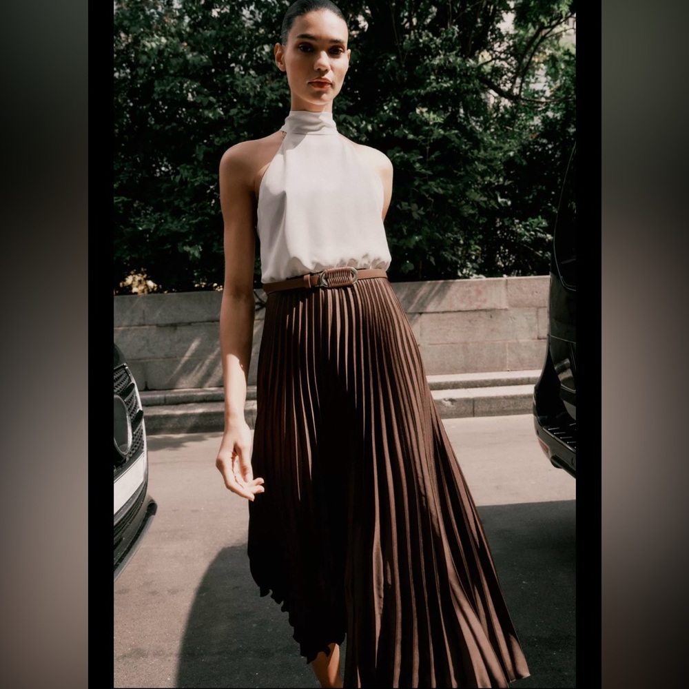 NWT Zara Pleated Combination Midi Dress - ivory and brown